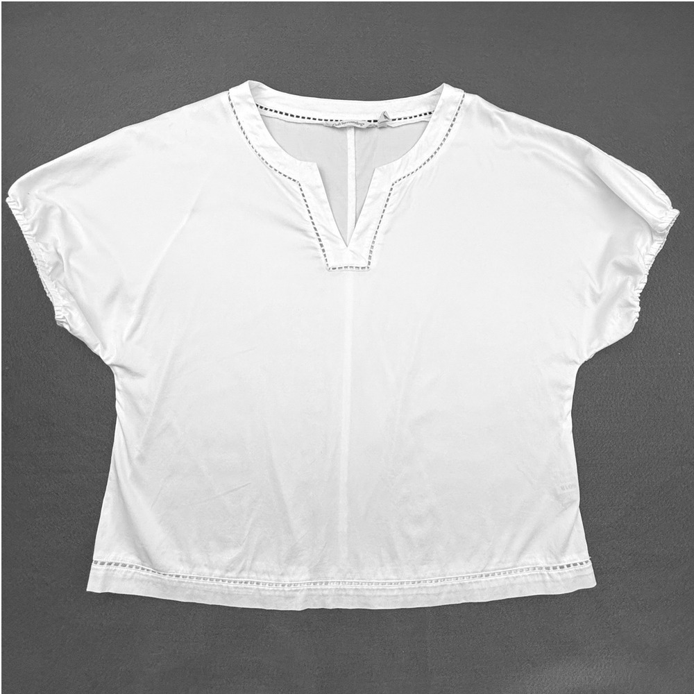 Soft Surroundings Blouse Womens Small White Split Neck Ladder‎ Trim Short Sleeve
